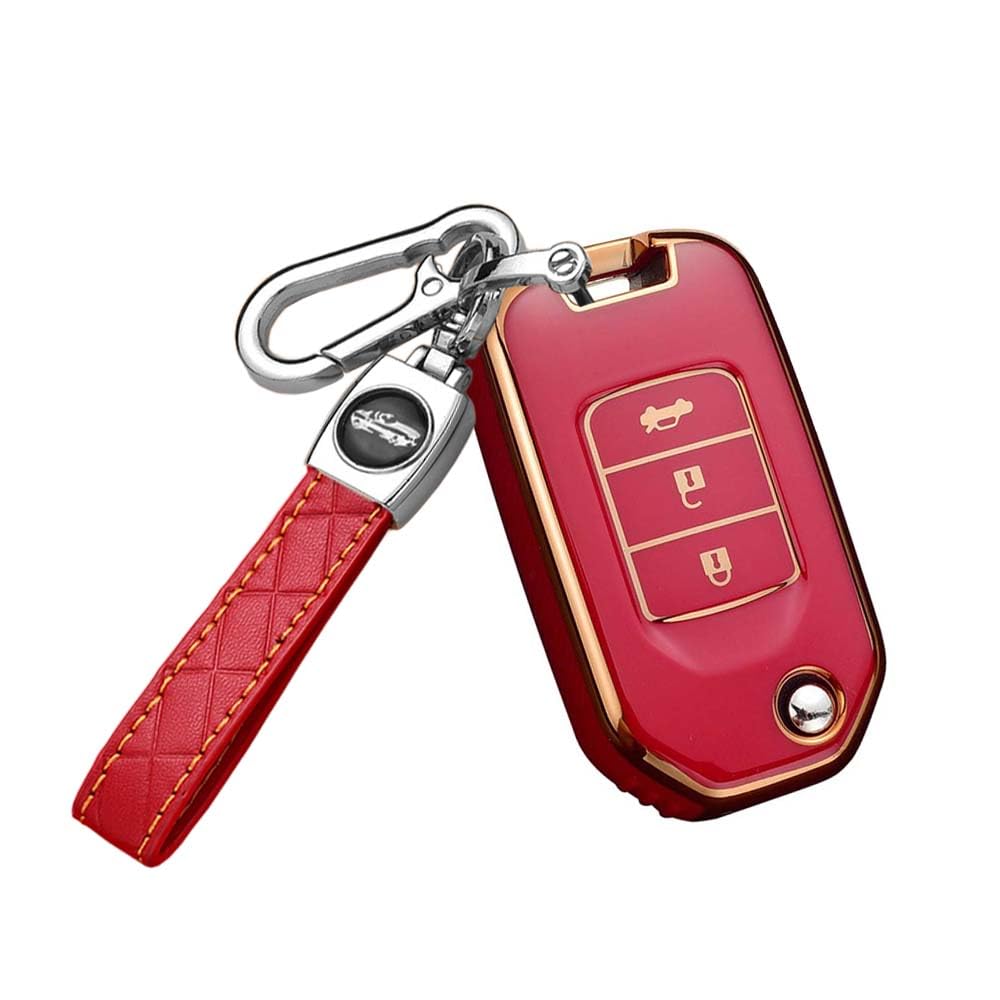 HIBEYO Smart Autoschlüssel Hülle passt für Honda Schutzhülle Schlüsselhülle für Fernbedienung Honda Vezel CR-V Jazz Civic HR-V Schlüsselbund Schlüsselbox Schlüsselanhänger Klapp 3 Tasten(Rot) von HIBEYO