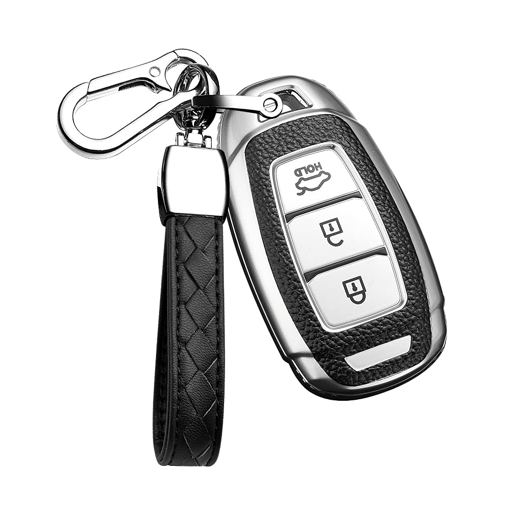 HIBEYO Smart Autoschlüssel Hülle passt für Hyundai Keyless Schutzhülle Schlüsselhülle für Kona i10 i30 ioniq Tucson Nexo Santa Fe Funkschlüssel Schlüsselanhänger TPU Leder Texture Schlüsselbox-Silber von HIBEYO