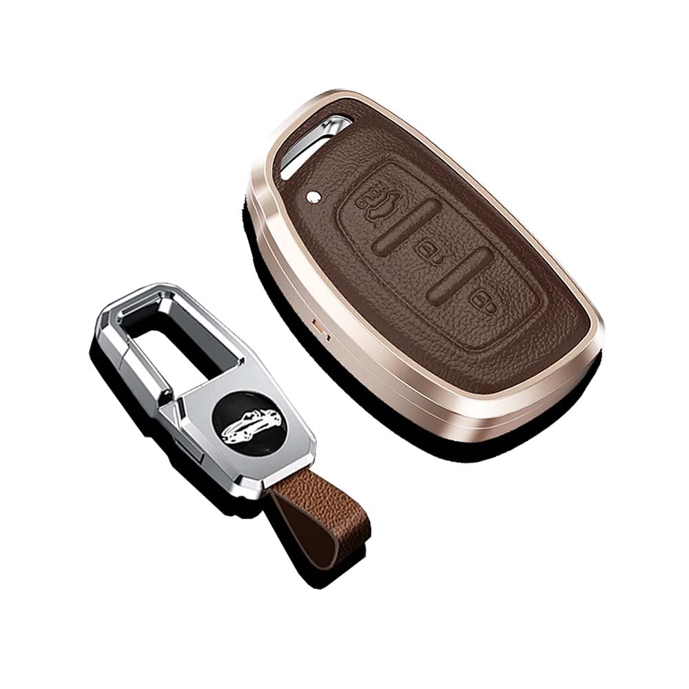 HIBEYO Smart Autoschlüssel Hülle passt für Hyundai Schutzhülle Schlüsselhülle Cover für Kona i10 i30 ioniq Tucson Nexo Schlüsselanhänger Schlüsselbund Leder Aluminiumlegierung-A Braun von HIBEYO