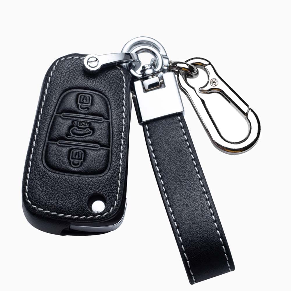 HIBEYO Smart Autoschlüssel Hülle passt für KIA Rio Picanto Ceed Cerato Schutzhülle Schlüsselhülle Cover Rindsleder passt für Hyundai ix20 I20 I30 IX35 Verna Schlüsselbox Schlüsselanhänger-E Schwarz von HIBEYO