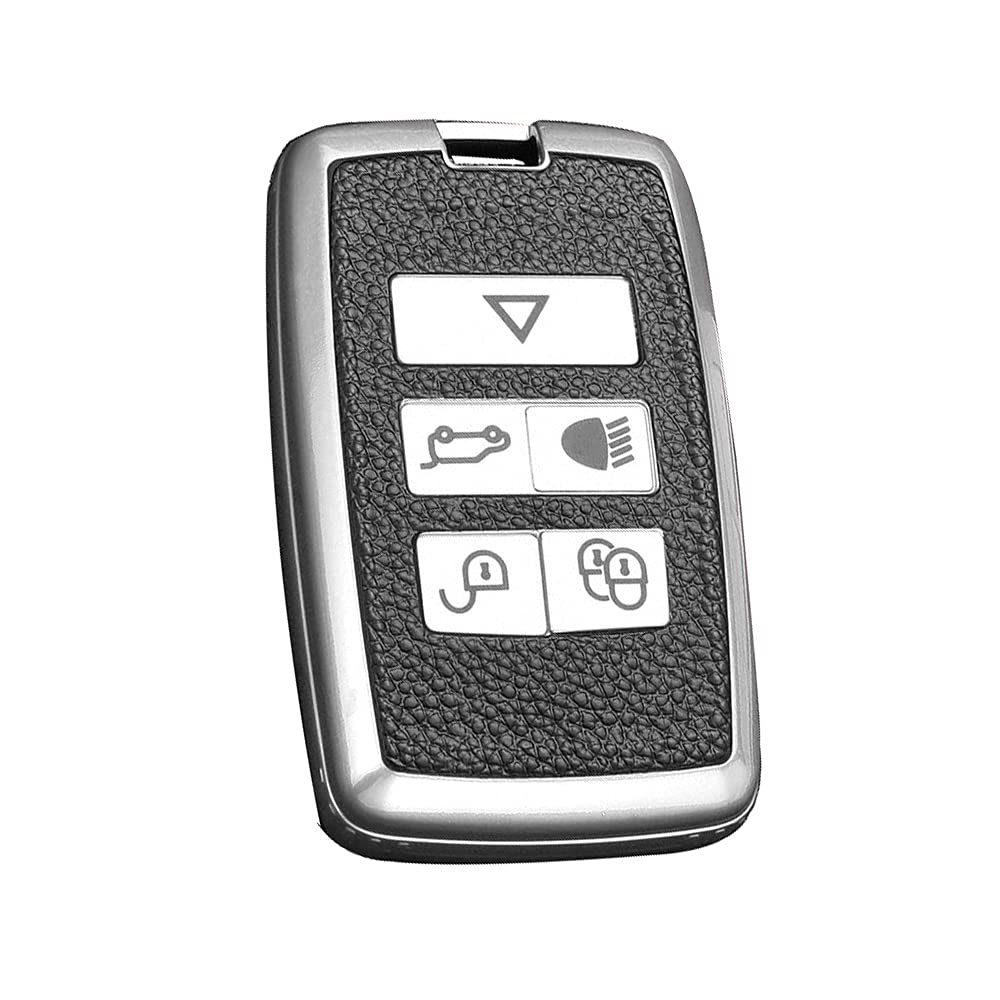 HIBEYO Smart Autoschlüssel Hülle passt für Land Rover Jaguar 5-Tasten Funk Autoschlüssel Schutzhülle Schlüsselhülle Cover TPU für Range Rover Sport Velar Schlüsselbox Fernschlüssel Fall(Silber-Leder) von HIBEYO