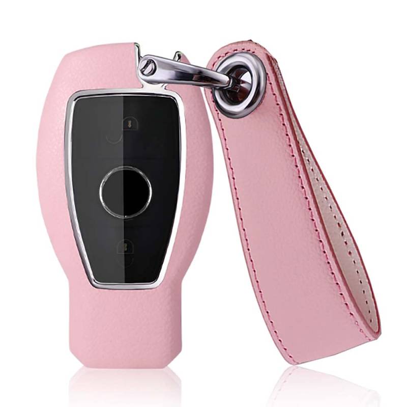 HIBEYO Smart Autoschlüssel Hülle passt für Mercedes Benz Cover Leder Schutzhülle Schlüsselhülle Schlüsselbox für Mercede Keylesss A B C E CLA CLK GLA GLC Klasse W204 W211 Schlüsselanhänger-Rosa von HIBEYO