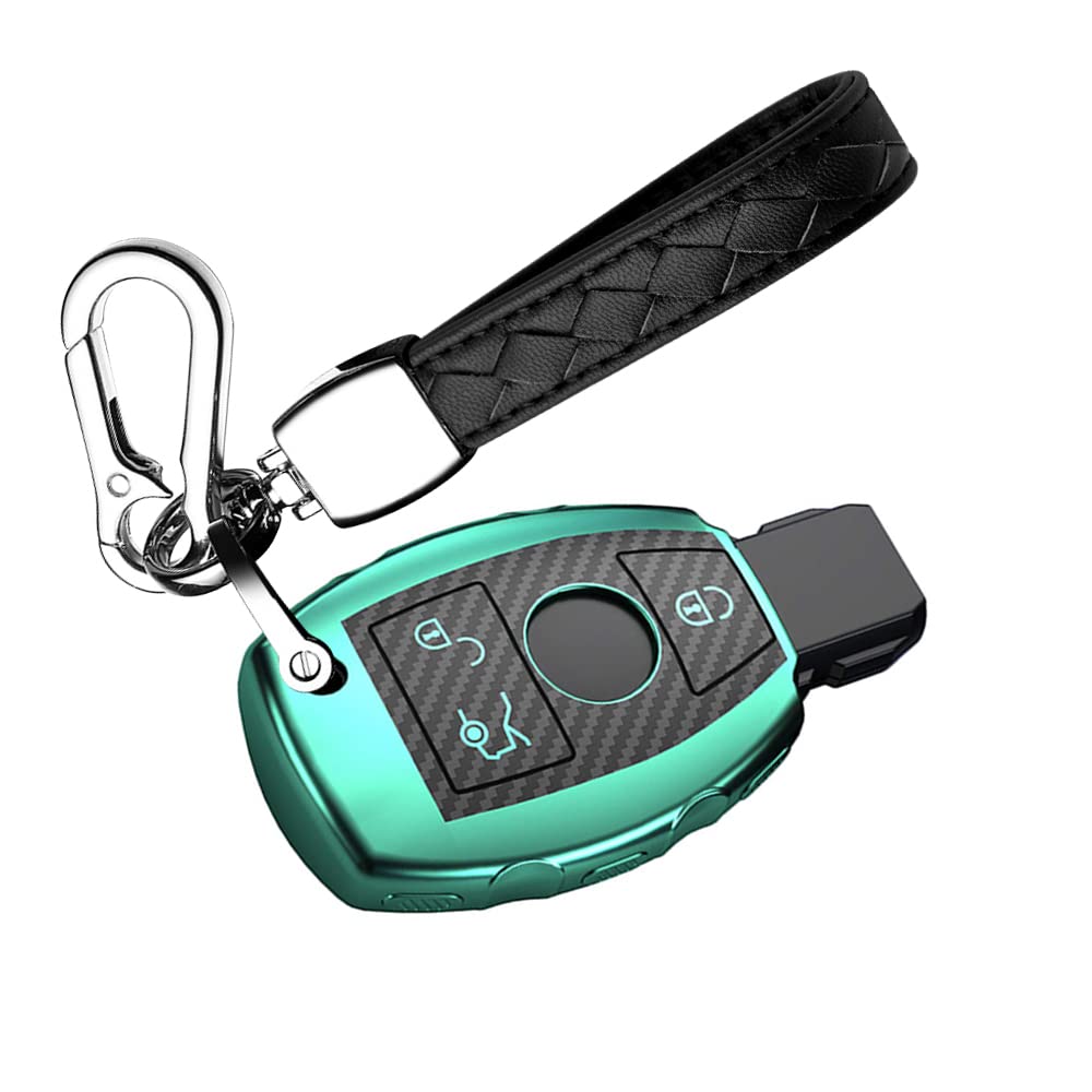 HIBEYO Smart Autoschlüssel Hülle passt für Mercedes TPU Kohlefaser Schlüsselhülle Cover für Benz A B C E G S R M Klasse GLA GLC GLE GLS SL SLK Schutzhülle mit Schlüsselanhänger 3-Tasten-Grün von HIBEYO