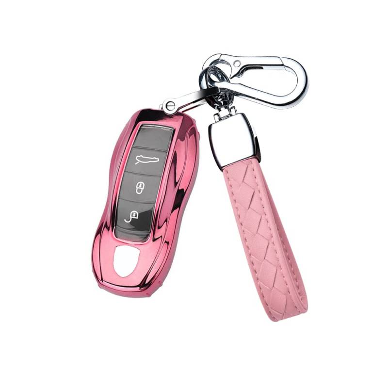 HIBEYO Smart Autoschlüssel Hülle passt für Porsche 3-Tasten Schlüsselbox für Porsche Boxster 918 Spyder Macan Cayman Carrera Panamera Schutzhülle Cover TPU Schlüssel hülle Fall Schlüsselbund-Rosa von HIBEYO