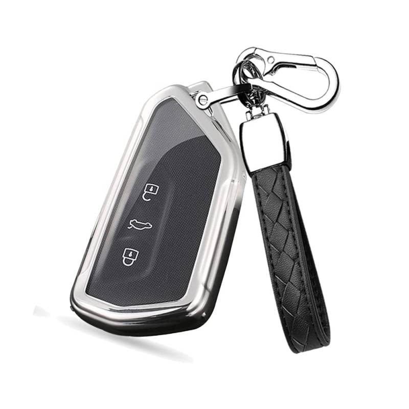 HIBEYO Smart Autoschlüssel Hülle passt für VW Golf 8 Schlüsselbox 3-Tasten Skoda Octavia Seat Leon mk4 Schutzhülle Cover TPU Schlüsselhülle Schlüsselanhänger Fernbedienung Schlüssel Organizer-Silber von HIBEYO