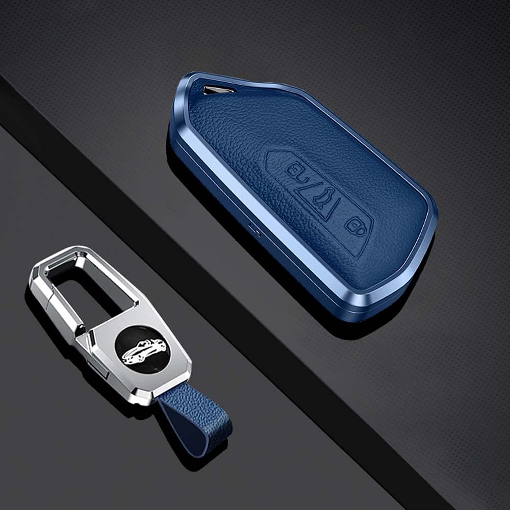 HIBEYO Smart Autoschlüssel Hülle passt für VW Golf 8 Seat Leon MK 4 Schutzhülle 3-Tasten Skoda Octavia Autoschlüssel Schlüsselhülle Cover Schlüsselbox Schlüsselanhänger Leder-Blau von HIBEYO
