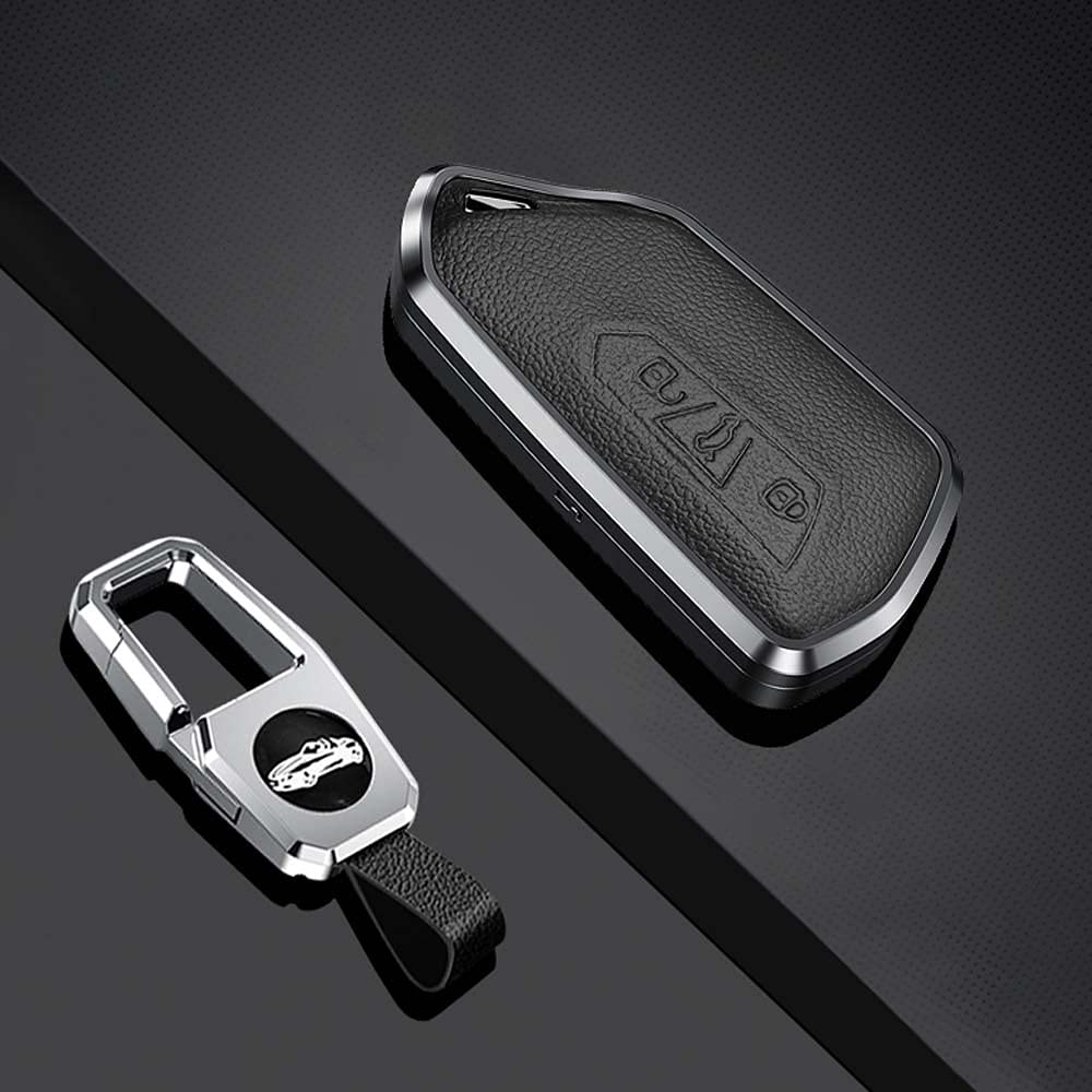 HIBEYO Smart Autoschlüssel Hülle passt für VW Golf 8 Seat Leon MK 4 Schutzhülle 3-Tasten Skoda Octavia Cover Leder Schlüssellose Schlüsselbox Fernschlüssel mit Schlüsselanhänger-Schwarz von HIBEYO