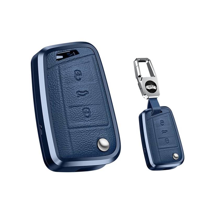 HIBEYO Smart Autoschlüssel Hülle passt für VW Skoda Karoq Superb Octavia Golf 7 MK7 MK4 Polo T-ROC Touran seat Leon Ibiza Schlüsselhülle Cover Schlüsselgehäuse Schlüsselanhänger Leder (Blau) von HIBEYO