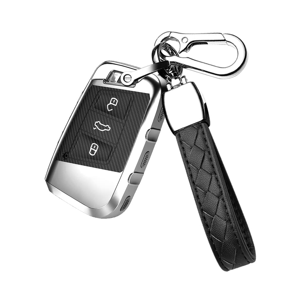 HIBEYO Smart Autoschlüssel Hülle passt für VW TPU Schlüsselbox schlüsselhülle Schutzhülle Cover für MK2 T-Rock Magotan Passat B8 und Skoda Superb Kodiaq A7 Fernsteuerung 3-Tasten-Kohlefaser Silber von HIBEYO