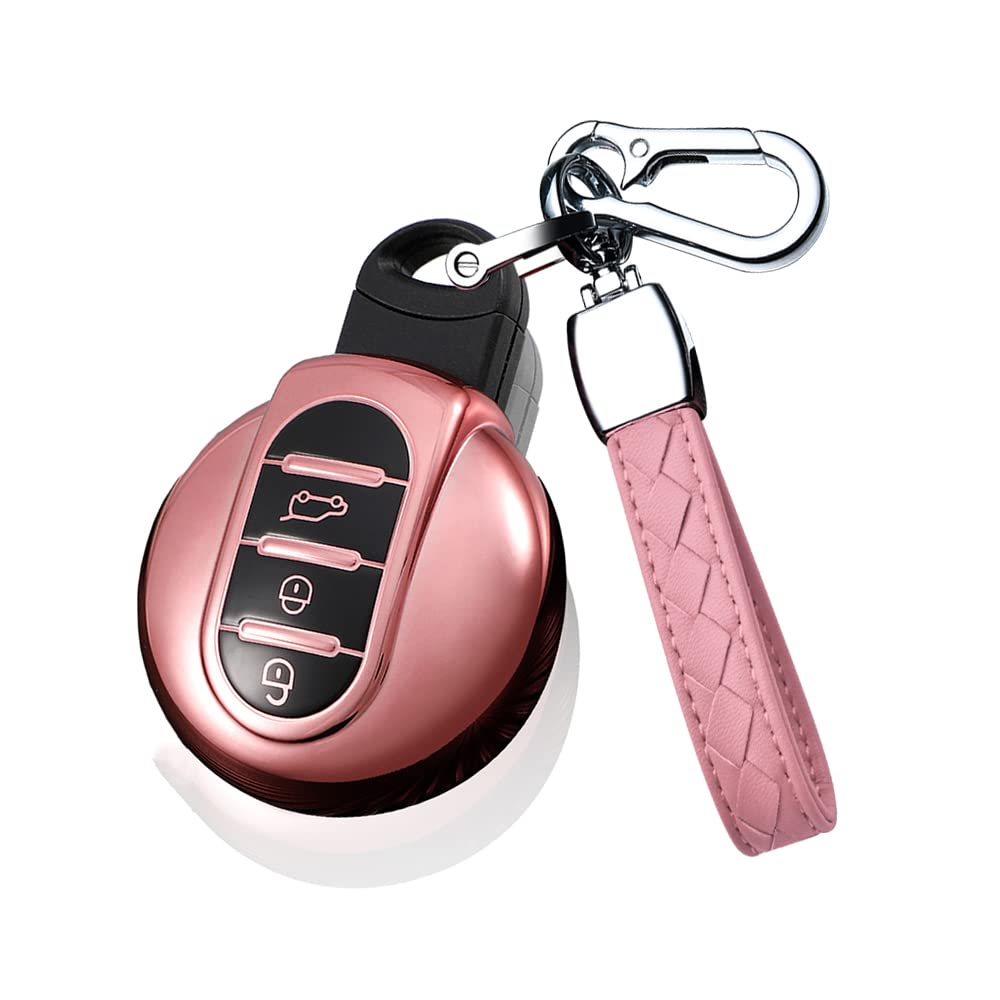 HIBEYO Smart Schlüsselhülle Passt für BMW Mini Schutzhülle TPU Autoschlüssel Hülle für Mini F56 F54 F55 F57 F60 Cooper One Clubman Works Schlüsselgehäuse Schlüsselbund Funkschlüssel zubehör-Rosa von HIBEYO