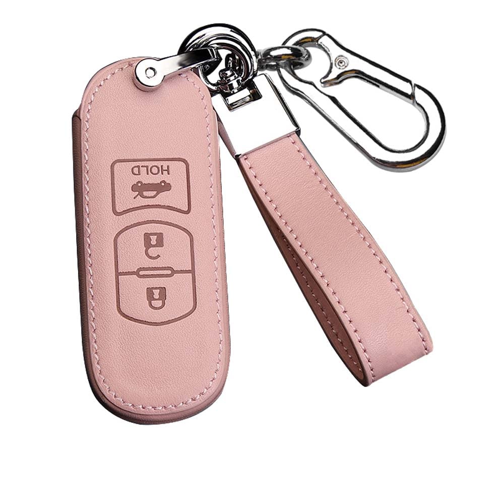 HIBEYO Smart Schlüsselhülle passt für Mazda Schutzhülle Autoschlüssel Hülle Cover Rindsleder für Mazda 2 3 5 6 CX-3 CX5 CX-5 M2 M3 M5 M6 Funkschlüssel Abdeckung Fall Schlüsselbund-A 3Tasten Rosa von HIBEYO
