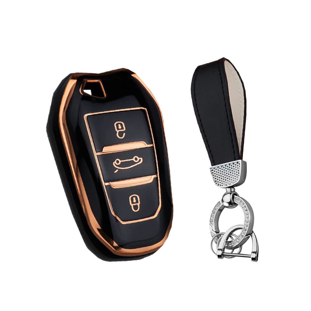 HIBEYO Smart Schlüsselhülle passt für Peugeot weich TPU Schutzhülle Autoschlüssel hülle für Peugeot 301-307-308 für Citroen C4L-C3-C5-XR für Opel Grandland X Schlüsselbund Schlüsselbox-Schwarz von HIBEYO