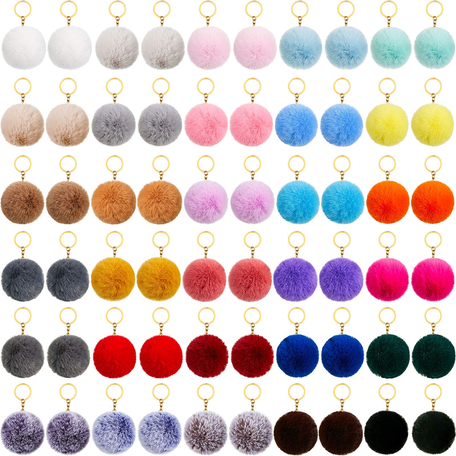 HICARER 60 Stücke Bunte Pompons Schlüsselanhänger Flauschige Ball Pompons Schlüsselanhänger Kunstpelz Pompons Schlüsselring für Mädchen Frauen Hüte Schuhe Taschen Zubehör (2,4 Zoll) von HICARER