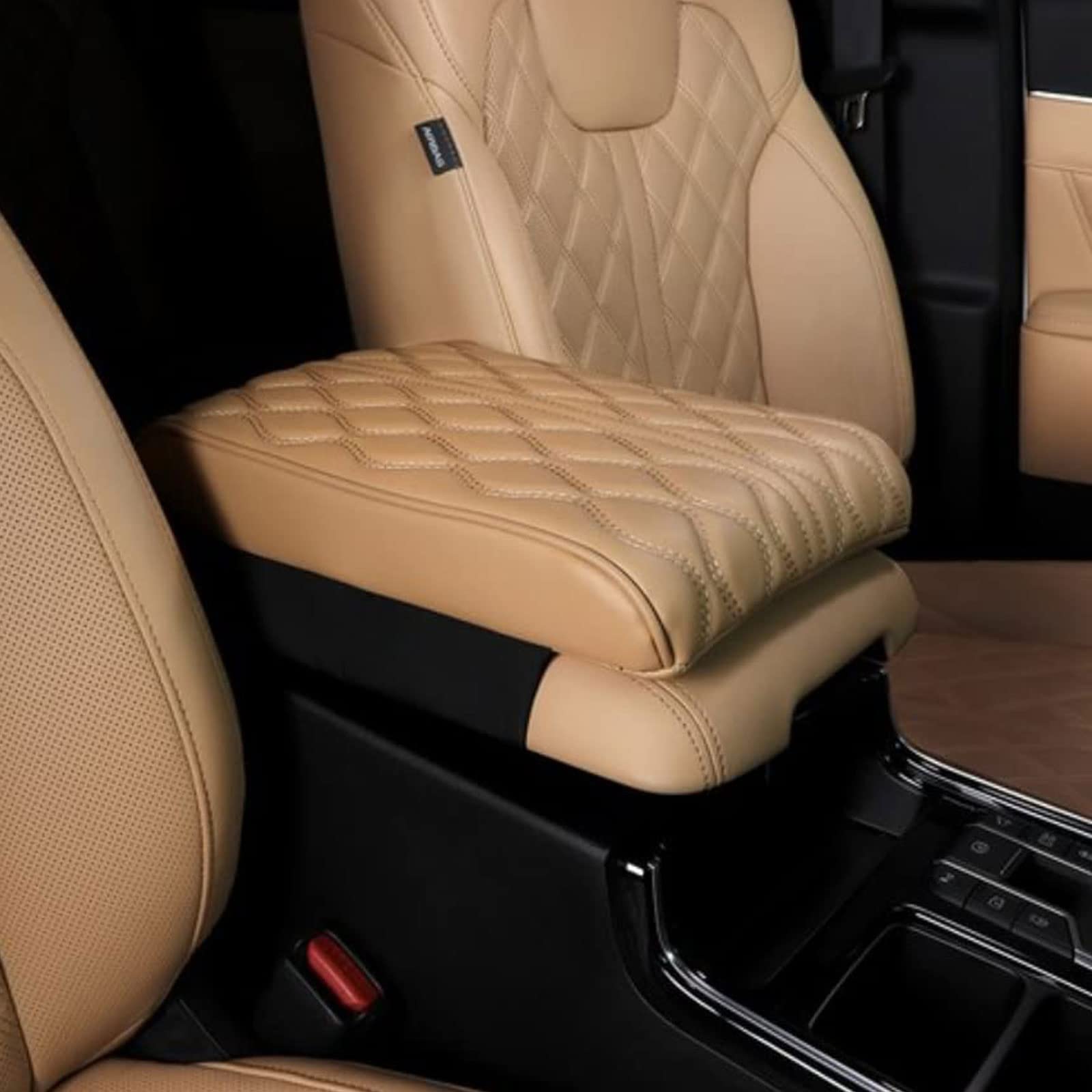 HIDRUO Leather Car Armrest Box Pad, Waterproof Car Armrest Center Console Cover Protector, Universal Arm Rest Cushion Pads for SUV/Truck/Vehicle (Beige, Ripple pattern) von HIDRUO
