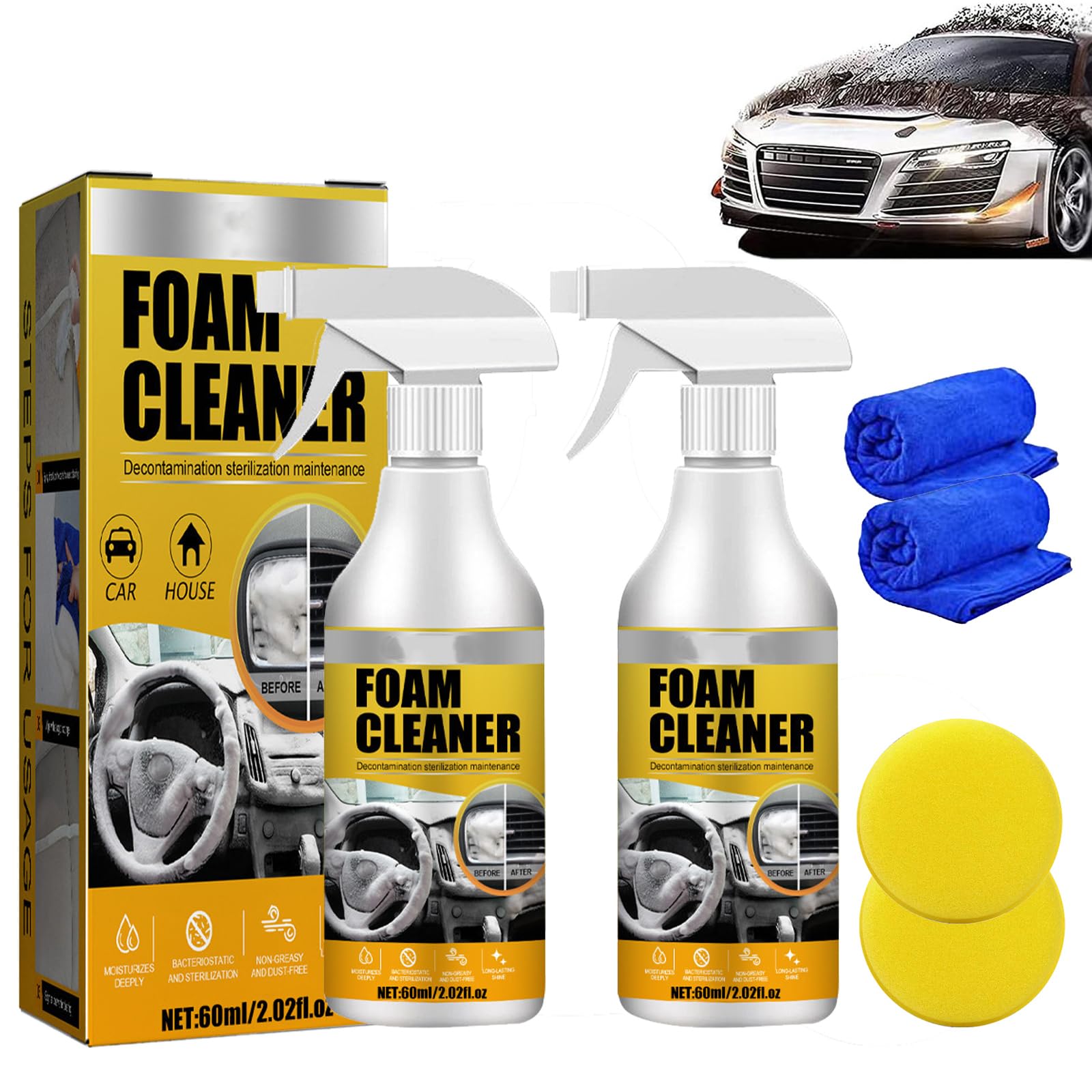 HIDRUO Multi Purpose Foam Cleaner For Car, All Around Master Foam Cleaner, Upholstery Cleaner For Car Seats, Powerful Decontamination Heavy Duty Foam Cleaner Kits (2PCS) von HIDRUO