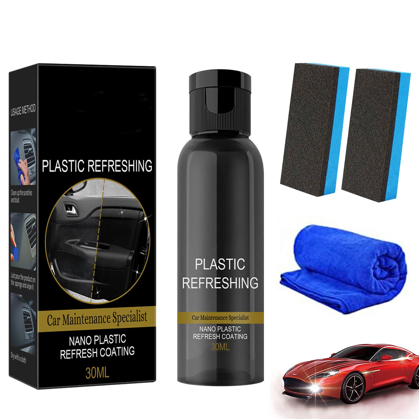 HIDRUO Ultishine Plastic Revitalizing Coating Agent Set, Plastic Refreshing Car Black, Powerful Stain Removal Kit for Car, Nano Plastic Refreshing Coating for Car Quick Restorer (30ML, 1PCS) von HIDRUO
