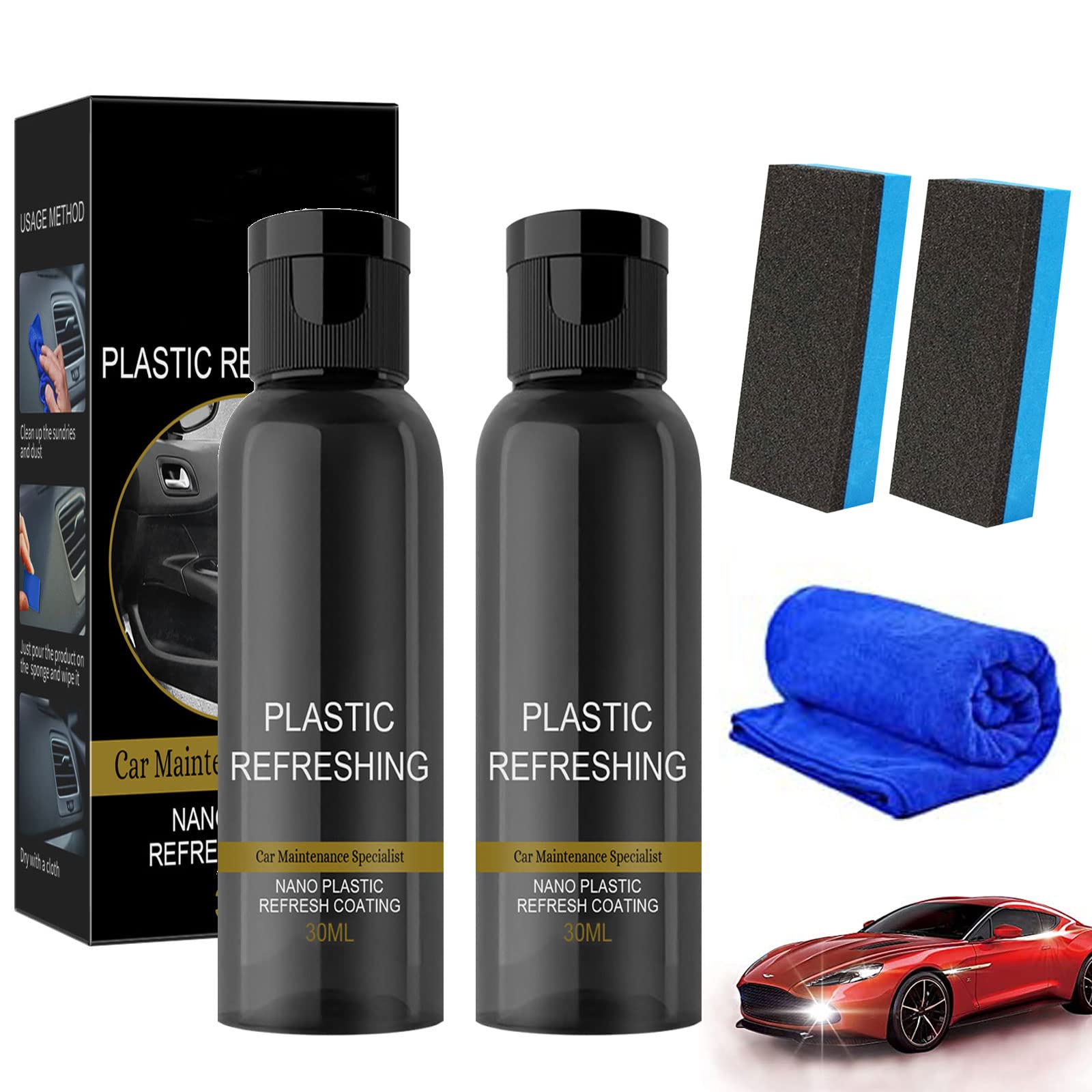 HIDRUO Ultishine Plastic Revitalizing Coating Agent Set, Plastic Refreshing Car Black, Powerful Stain Removal Kit for Car, Nano Plastic Refreshing Coating for Car Quick Restorer (30ML, 2PCS) von HIDRUO
