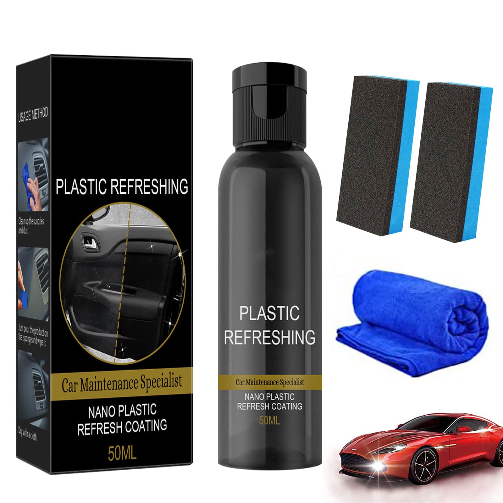 HIDRUO Ultishine Plastic Revitalizing Coating Agent Set, Plastic Refreshing Car Black, Powerful Stain Removal Kit for Car, Nano Plastic Refreshing Coating for Car Quick Restorer (50ML, 1PCS) von HIDRUO