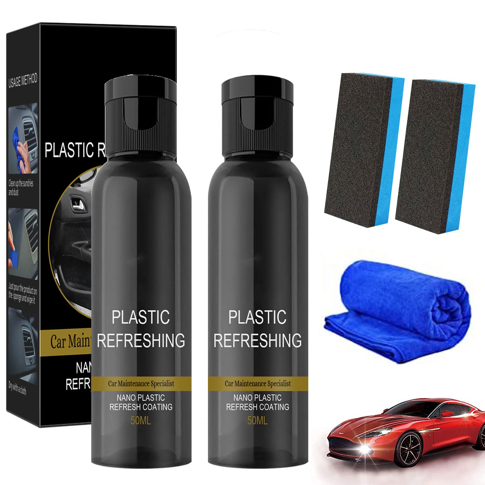 HIDRUO Ultishine Plastic Revitalizing Coating Agent Set, Plastic Refreshing Car Black, Powerful Stain Removal Kit for Car, Nano Plastic Refreshing Coating for Car Quick Restorer (50ML, 2PCS) von HIDRUO