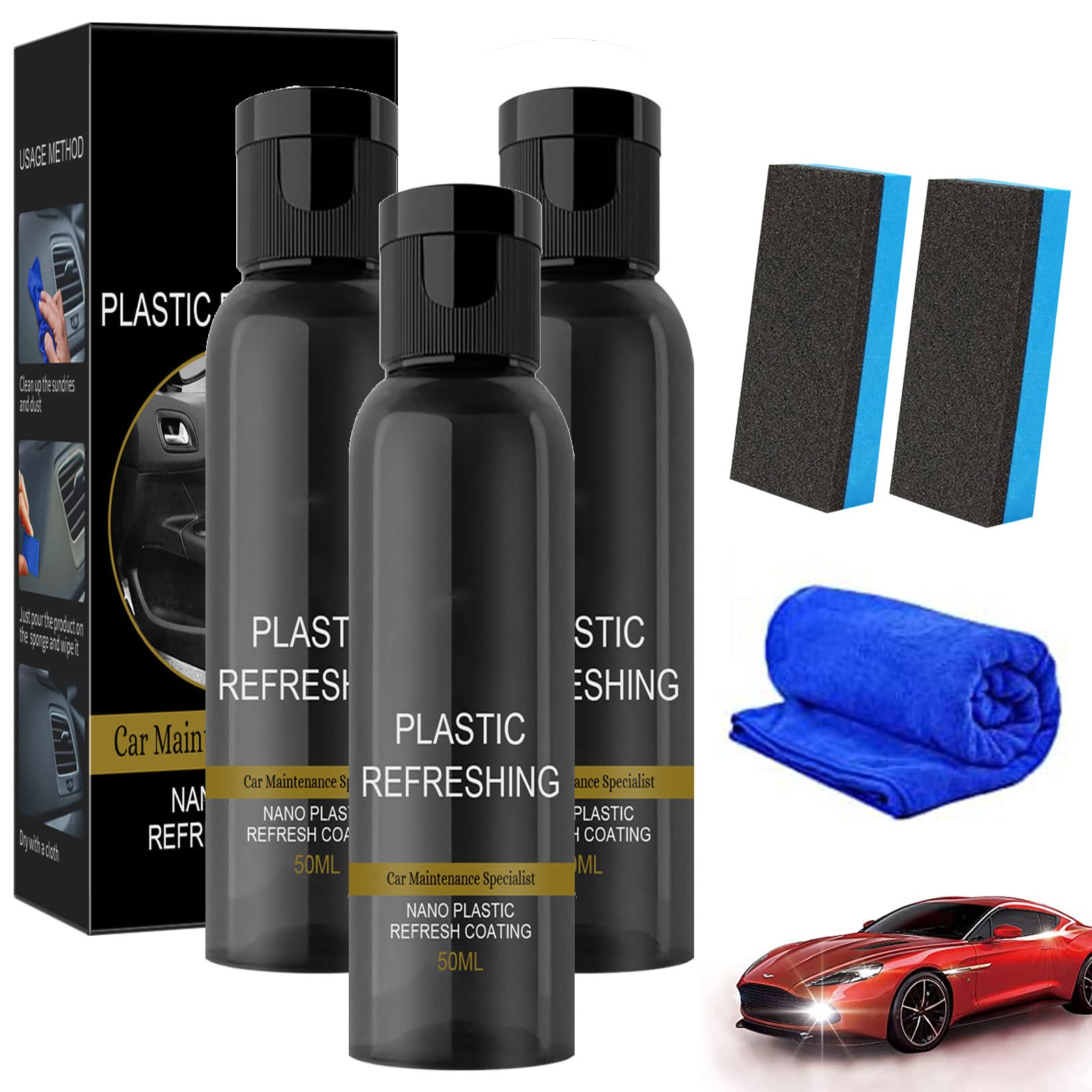 HIDRUO Ultishine Plastic Revitalizing Coating Agent Set, Plastic Refreshing Car Black, Powerful Stain Removal Kit for Car, Nano Plastic Refreshing Coating for Car Quick Restorer (50ML, 3PCS) von HIDRUO
