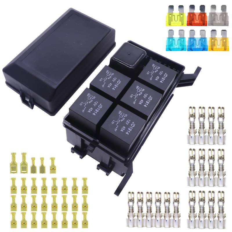 HISports 12V Auto Sicherungs Relaiskasten Block Kit mit 6 Relaishaltern, 6 ATC/ATO-Sicherungshaltern, Universal-Relaisblock-Kasten, Relais, Sicherungen im Lieferumfang für Auto, Auto, Marine, Boot von HISports