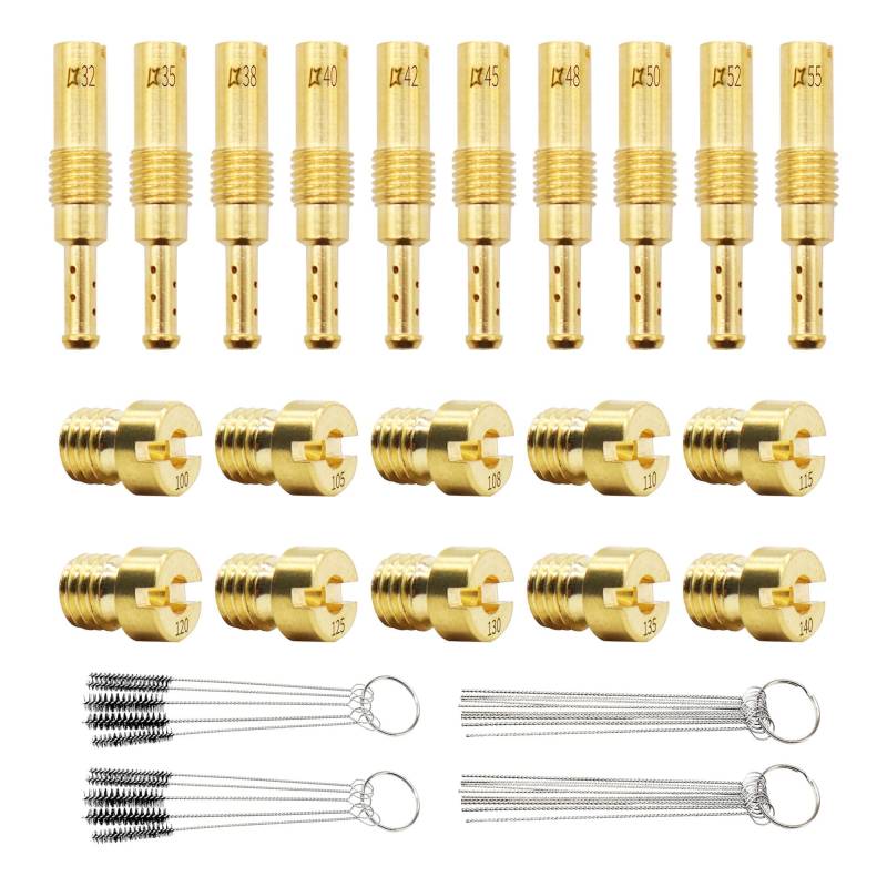 HISports 20-teiliges Set Vergaserdüsen-Set mit 2 Sets Reinigungsset, 10 Stück 100–140 Hauptdüsen und 10 Stück 32–55 langsame Pilotdüsen, Kompatibel mit PWK OKO CVK KOSO PE PWM von HISports