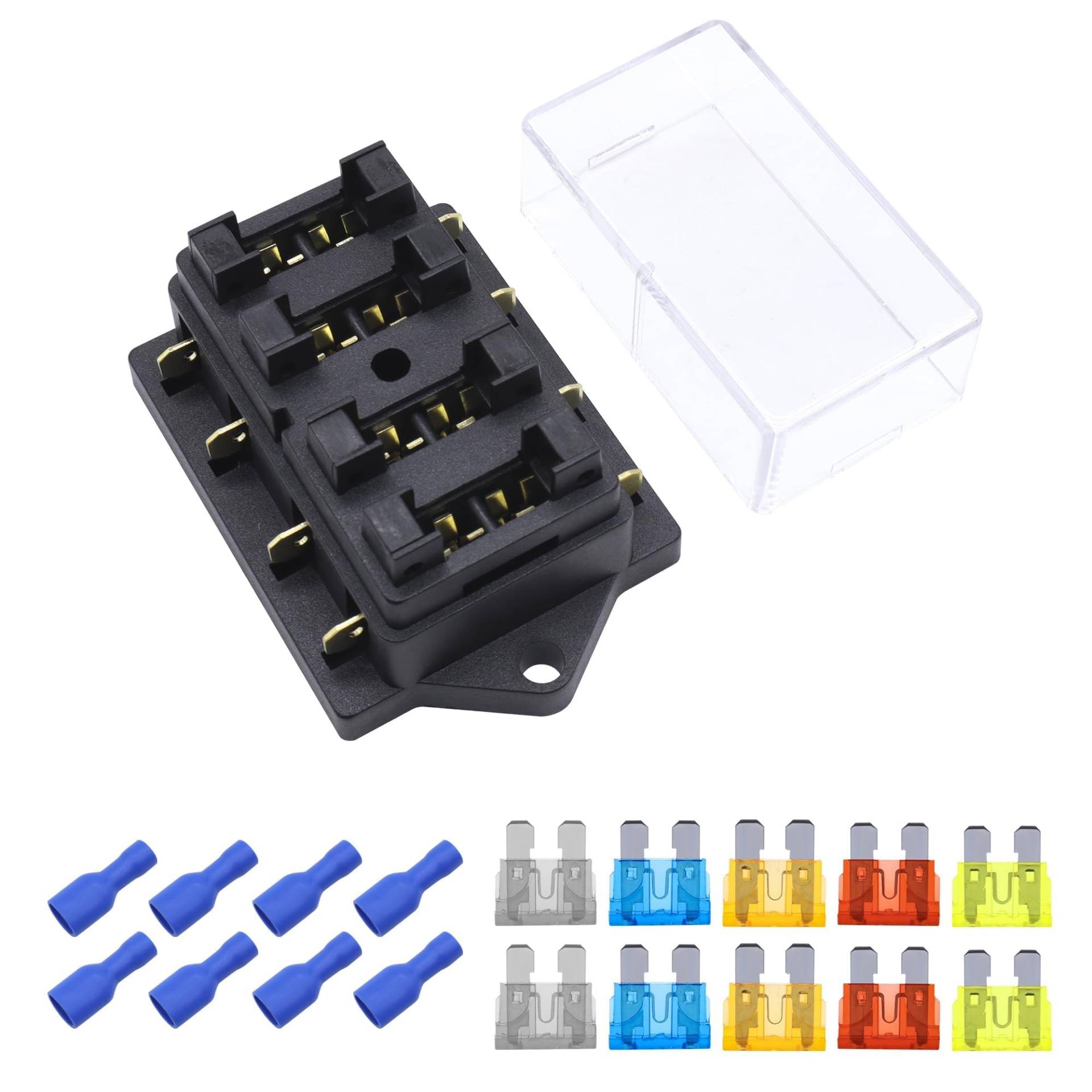 HISports 4 Fach Sicherungshalter,Sicherungsblock mit 10 Sicherung(5A * 2,10A * 2,15A * 2,20A * 2,25A * 2) KFZ Standard Bsicherungsdose ATO Wasserdicht Sicherungsträger von HISports
