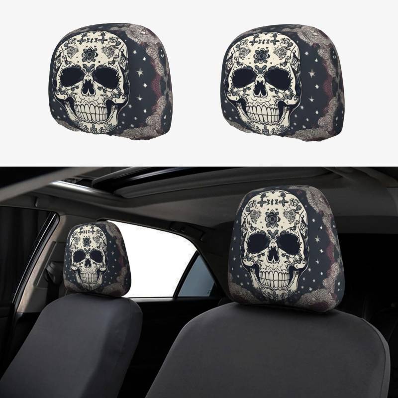 HJLUUFT Totenkopf Yoga und Blume Kopfstützen Bezüge für Auto 2er Set, Atmungsaktives Elastisches Gewebe und Staubdichter Schutz Autozubehör von HJLUUFT