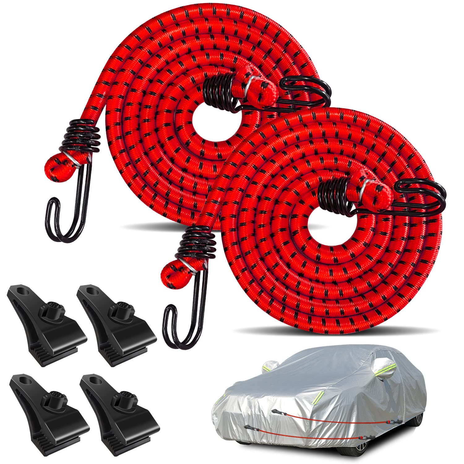 Hlogree 2 x Autoabdeckungen, Windschutz, Bungee-Seile, Haken-Clips, hält die Plane vor dem Abblasen bei starkem Wind, universell passend für die meisten Autos, Limousinen, SUVs, LKWs, Vans und mehr, Hlogree 2 x Autoabdeckungen, Windschutz, Bungee-Seile, Haken-Clips, hält die Plane vor dem Abblasen bei starkem Wind, universell passend für die meisten Autos, Limousinen, SUVs, LKWs, Vans und mehr, von HLOGREE