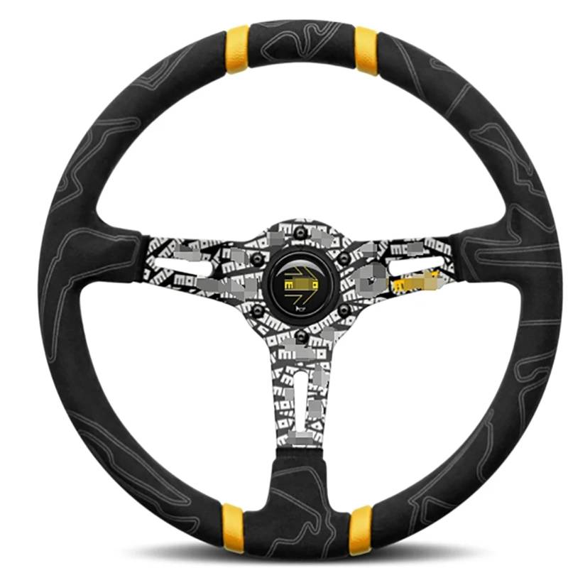 Hochwertiges Sportlenkrad aus Leder für MOMO, Rennwagen, 350 mm, 14 Zoll, Wildleder-Lenkrad (Farbe: Gelb) von HLQXHM