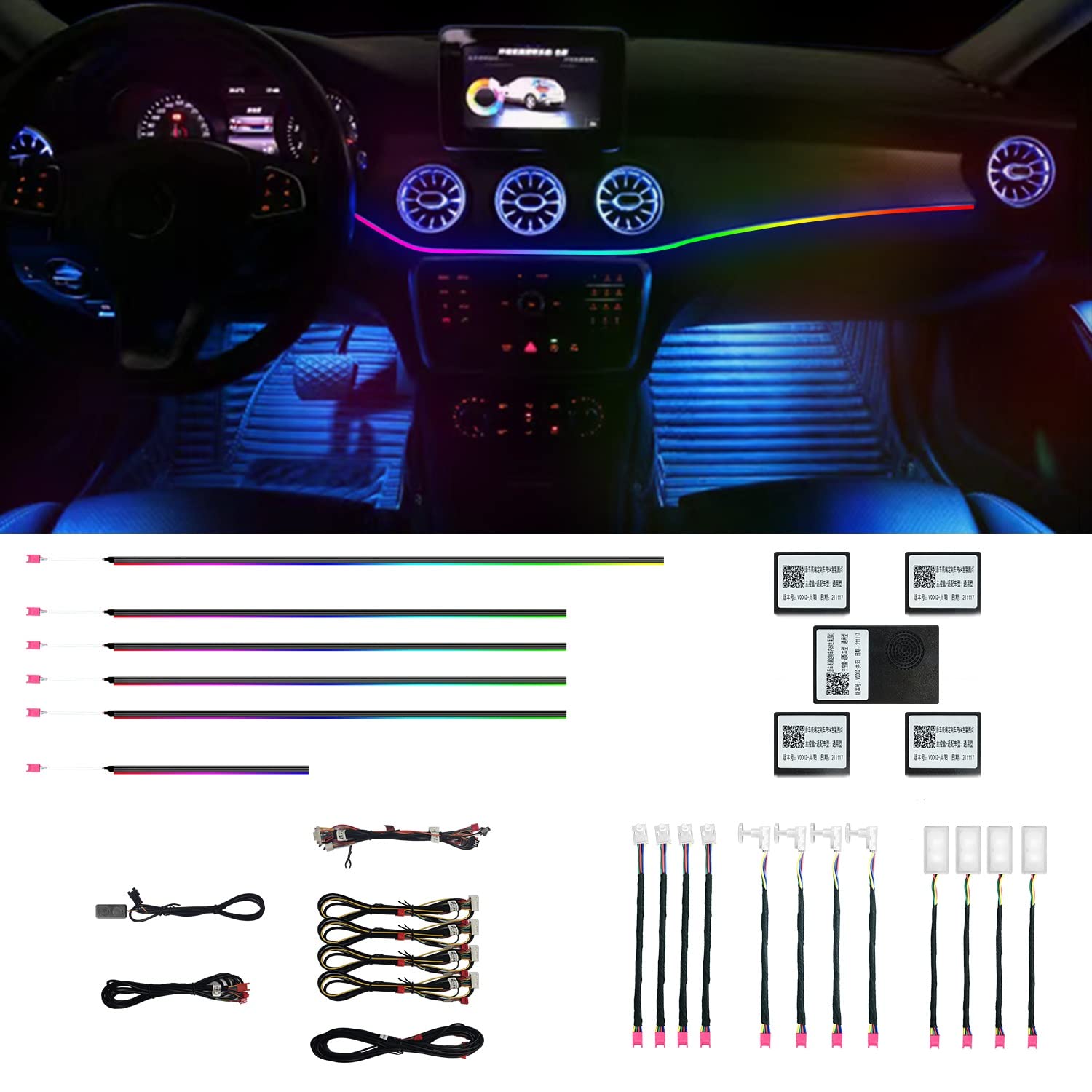 Auto Innenraumbeleuchtung, 18 in 1 HMYC 128 Bunte LED Acryl Faseroptikstreifen,universelle Dekorationsatmosphäre mit Musiksynchronisationsrhythmus,APP-Steuerung, RGB-Neonbeleuchtung für alle Autos von HMYC