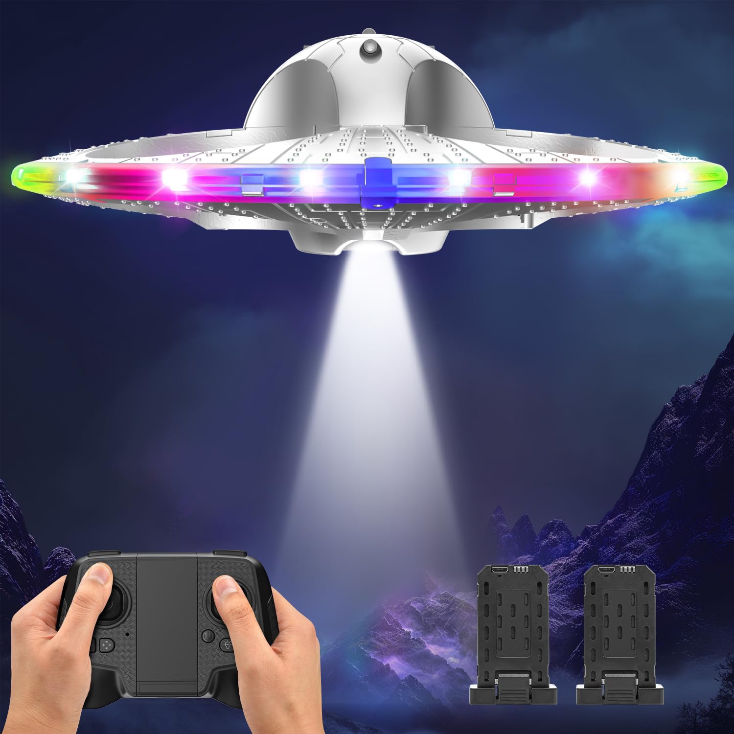 Drohne RC UFO für Kinder und Anfänger, Ferngesteuertes Flugzeug mit Licht, RC Flugzeug Helikopter Quadcopter mit automatischer Schwebefunktion und 2 Batterien (15 Mins) von HOLYFUN
