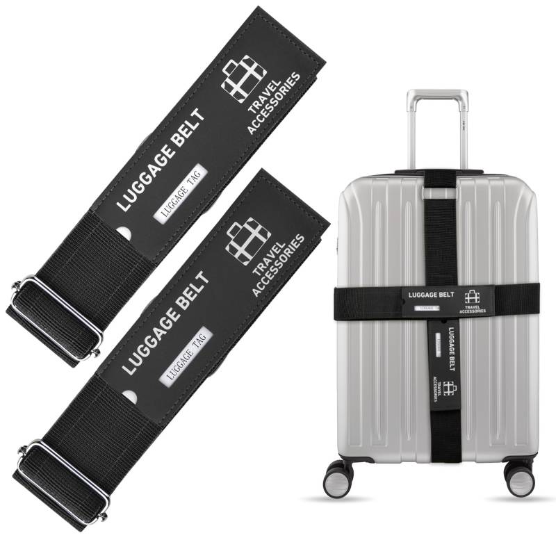 HONZUEN Kofferband Gurt Set - Koffergurte 2 Stück, Kofferband Auffällig Extra Lang 1,8 m & 2,2 m, Verstellbares Koffer Gurtband, Luggage Strap mit Metallschnalle und Adressschild, Schwarz von HONZUEN