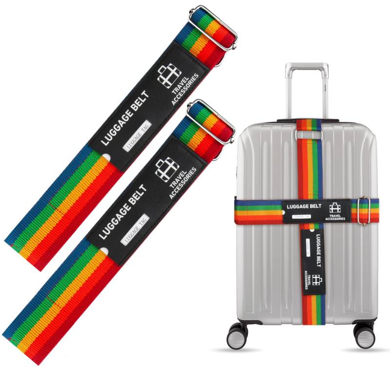 HONZUEN Kofferband Gurt Set - Koffergurte 2 Stück, Kofferband Auffällig Extra Lang 1,8 m & 2,2 m, Verstellbares Koffer Gurtband, Luggage Strap mit Metallschnalle und Adressschild, Irisierend von HONZUEN