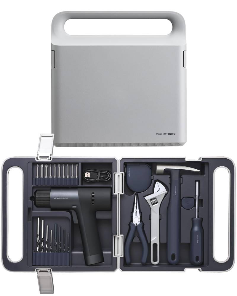HOTO Werkzeugkoffer gefüllt 26-tlg Werkzeug Set, mit 12V Bohrmaschine, Schraubenzieher, Schraubenschlüssel, Hammer, Zange, Maßband, geeignet für Werkstätten und Haushalte, Grau/Dunkelblau von HOTO