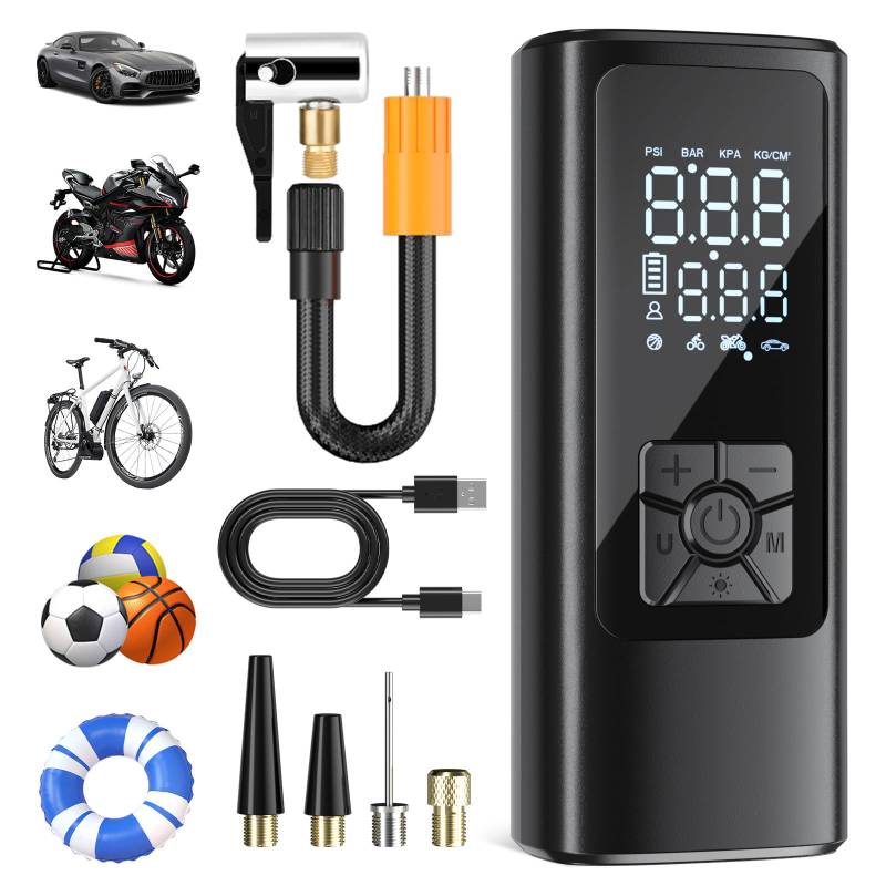 HOVVIDA Elektrische Luftpumpe Tragbarer Fahrradpumpe Elektrisch Mini Reifenpumpe Luftkompressor Kabellos 150 PSI (10,3 Bar) 5V, Auto-Abschaltung, 5200 mAh, LED, für Auto, Motorrad, Fahrrad, Ball von HOVVIDA