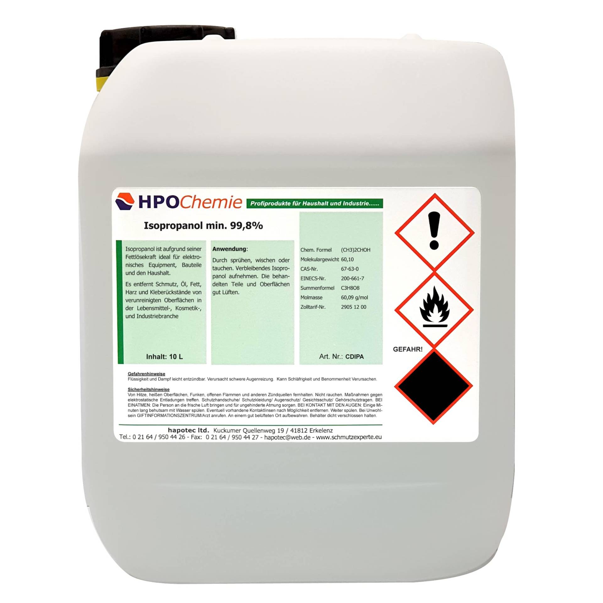 Isopropanol min. 99,8% 2-Propanol Isopropylalkohol IPA Reiniger (10 Liter) von HPOChemie