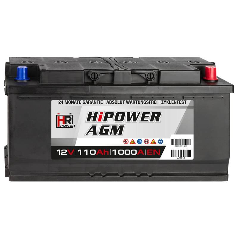 HR HiPower AGM Autobatterie 12V 110Ah 1100A/EN Starterbatterie ersetzt 90Ah 92Ah 95Ah 100Ah 105Ah von HR-Power