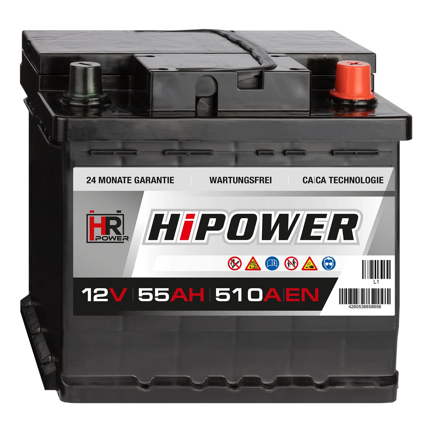 HR HiPower Autobatterie 12V 55Ah 510A/EN Starterbatterie ersetzt 44Ah 45Ah 46Ah 50Ah 60Ah 62Ah von HR-Power