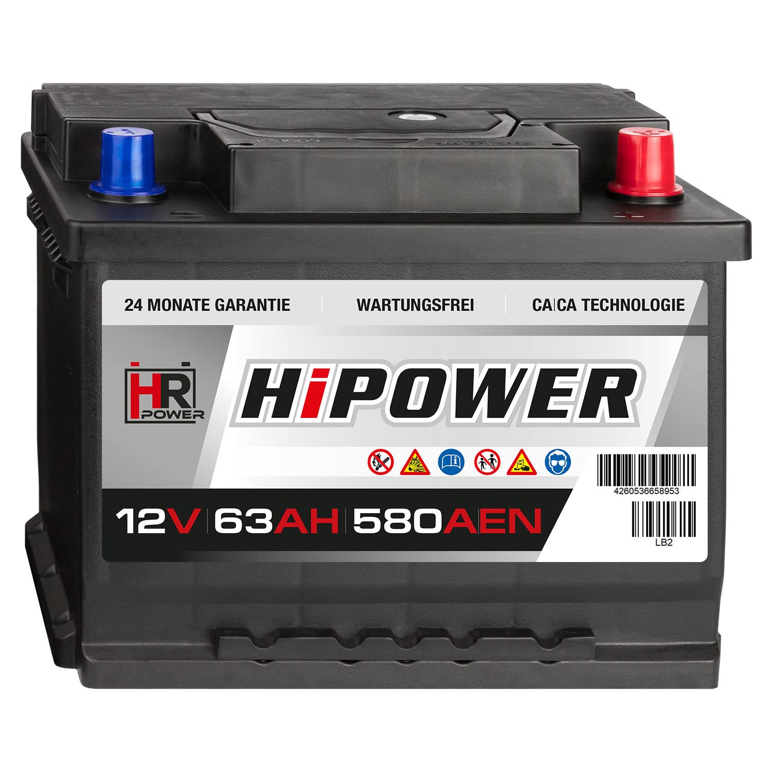 HR HiPower Autobatterie 12V 63Ah 580A/EN Starterbatterie ersetzt 44Ah 45Ah 46Ah 50Ah 60Ah 62Ah 65Ah von HR-Power