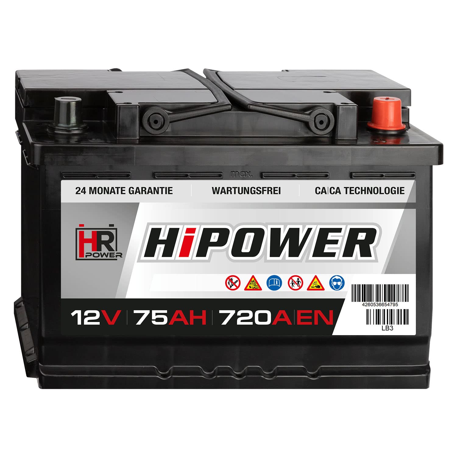 HR HiPower Autobatterie 12V 75Ah 720A/EN Starterbatterie ersetzt 60Ah 62Ah 65Ah 68Ah 70Ah 71Ah 72Ah von HR-Power