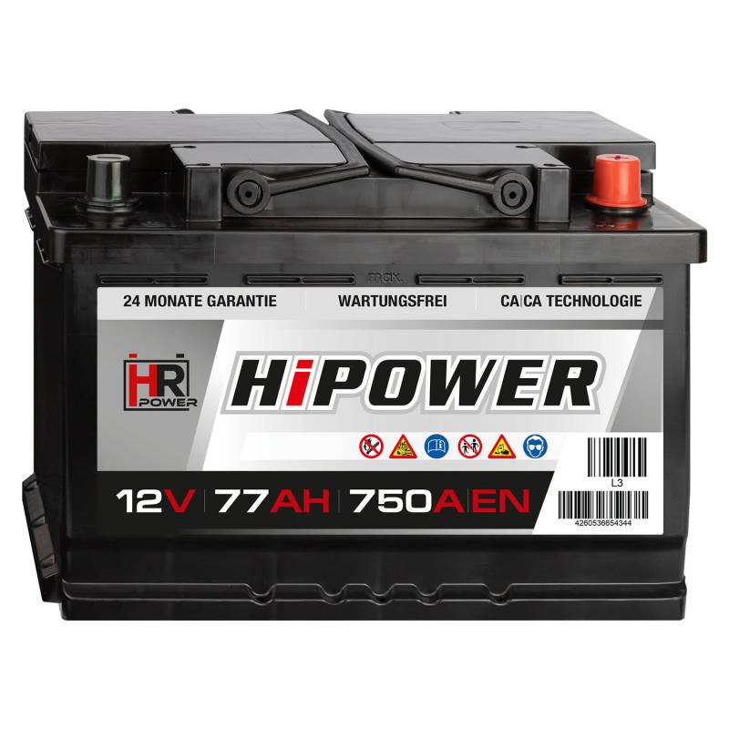 HR HiPower Autobatterie 12V 77Ah 750A/EN Starterbatterie ersetzt 70Ah 71Ah 72Ah 74Ah 75Ah 78Ah 80Ah von HR-Power