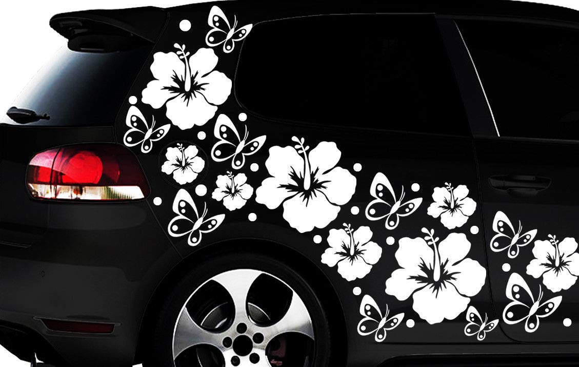 HR-WERBEDESIGN 108-teiliges Auto Aufkleber Hibiskus Blumen Schmetterlinge Hawaii WANDTATTOO l2p von HR-WERBEDESIGN