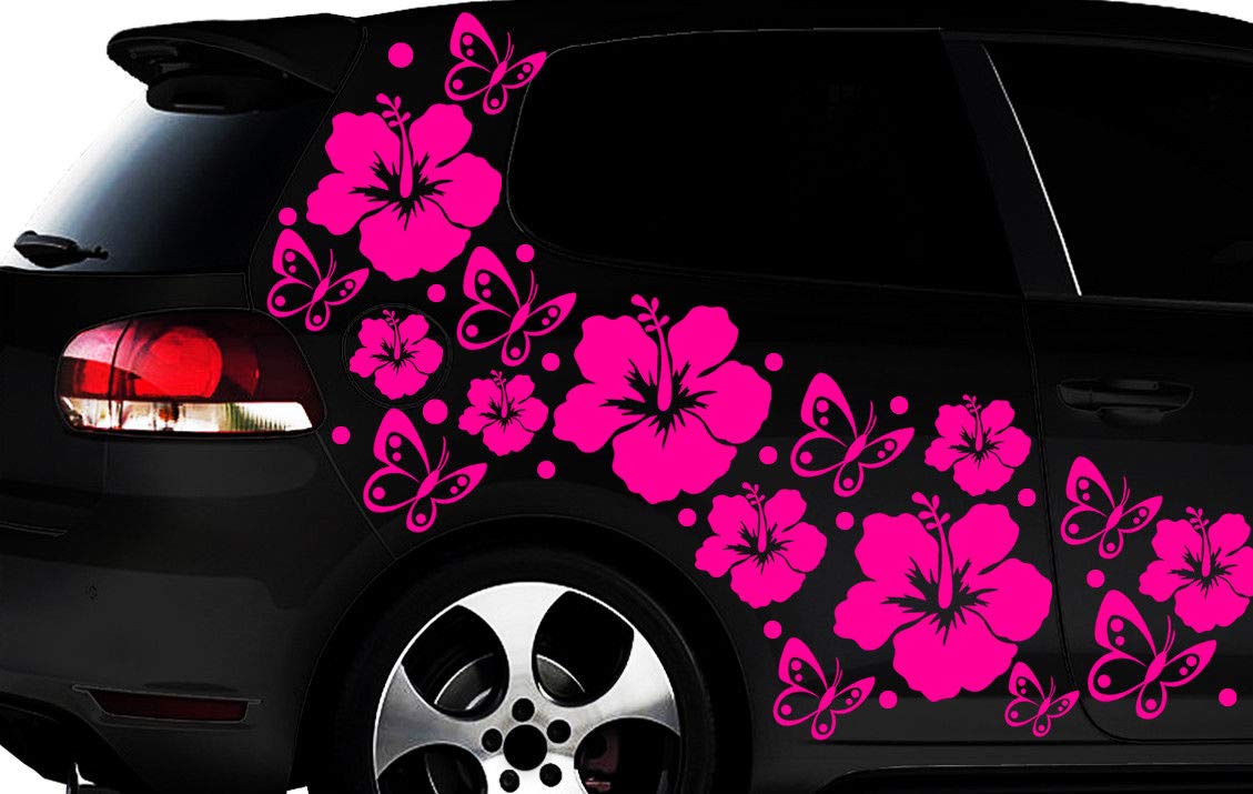 HR-WERBEDESIGN 108-teiliges Auto Aufkleber Hibiskus Blumen Schmetterlinge Hawaii WANDTATTOO l3p von HR-WERBEDESIGN