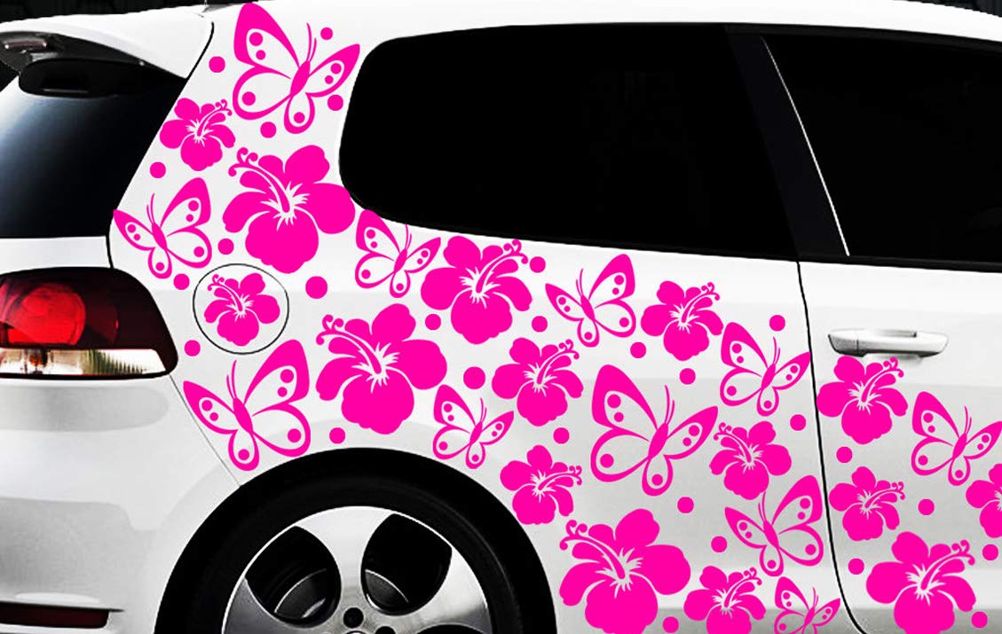 HR-WERBEDESIGN 122-teiliges Set Auto Aufkleber Hibiskus Blumen Schmetterlinge HAWAIIWANDTATTOO von HR-WERBEDESIGN