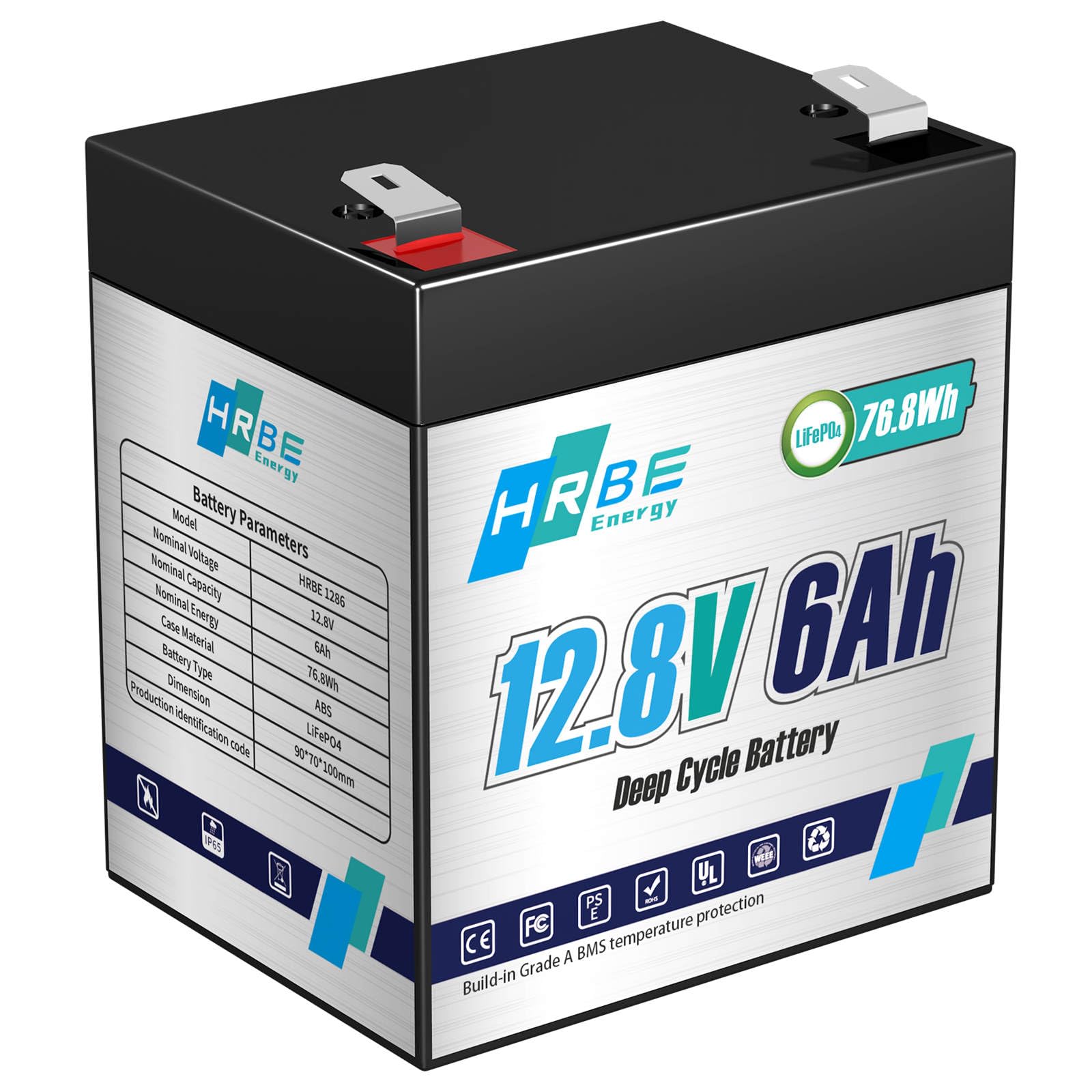 HRBEENERGY 12V 6AH LiFePO4 Batterie Wiederaufladbare Lithium Akku, Eingebauter Stabiler 6A BMS Schutz, 2000 + Tiefe Zyklen, Perfekt für Kleine Backup-USV, Spielzeug, Beleuchtung, Alarmanlage, Monitor von HRBEENERGY