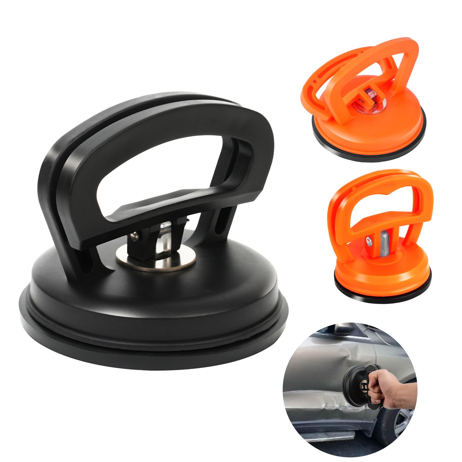 3 Stück Auto Dellen Dent Saugnapf Abzieher, Auto Dellenzieher Kit Aluminium Car Griff Lifter Dellen Entfernung Vakuum Saugnapf für Auto Dellen Handy Glasscheiben Laptop (Eine Schwarz+Zwei Orange) von HRUIKI
