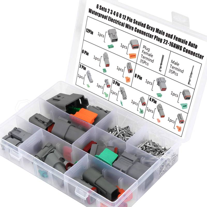 Hseamall DT-Stecker-Set, 6 Sets DT-Stecker 2-, 3-, 4-, 6-, 8-, 12-polig, versiegelt, grau, Stecker und Buchse, automatischer wasserdichter elektrischer Kabelverbinder, Stecker 22–16 AWG von HSEAMALL