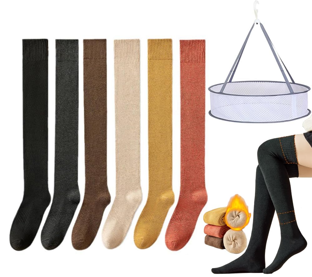 HUANZHI Winter-Thermosocken, 6 Paar, Damen-Thermo-Fleece-Overknee-Socken mit Wäschetrockenkorb (Mischen,Einheitsgröße) von HUANZHI