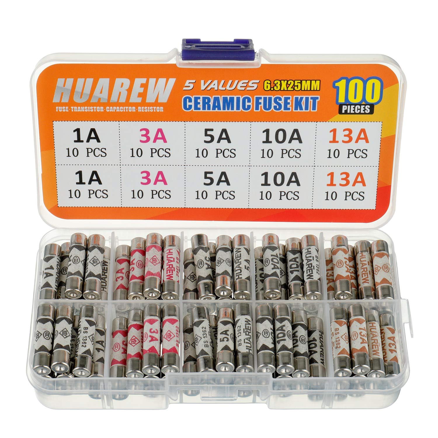 HUAREW 5 Values 100 Pcs 6.3x25 mm BS1362 1 3 5 10 13 A amp 240 V volt 0.248x0.984 Inch Ceramic Tube Fuses Assortment Kit von HUAREW